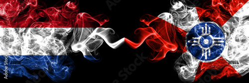 Netherlands vs United States of America, America, US, USA, American, Wichita, Kansas smoky mystic flags placed side by side. Thick colored silky abstract smoke flags.