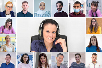 Fototapeta premium Online remote school class concept. Mixed race college student distance learning using computer conferencing with teacher and classmates group. Learning from home during quarantine and coronavirus.