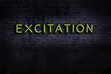 Neon sign. Word excitation against brick wall. Night view