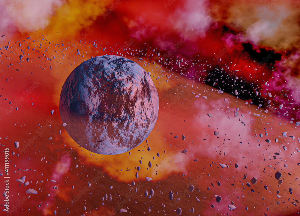 Sticker rocky planet in a flaming galaxy in outer space