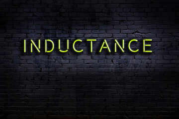 Neon sign. Word inductance against brick wall. Night view