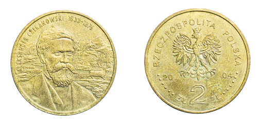 two Polish zloty on a white isolated background