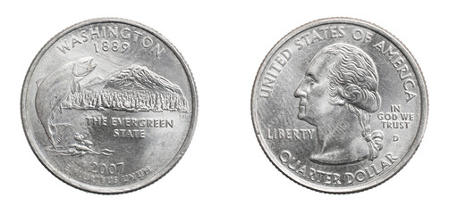 A quarter dollar coin on a white isolated background