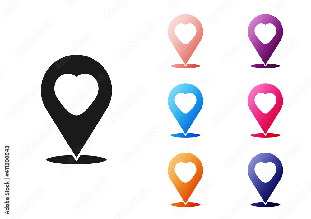 Poster black map pointer with heart icon isolated on white background. valentines day. love location. roman
