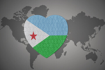 puzzle heart with the national flag of djibouti on a world map background.