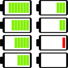 vector with set of batteries. flat illustration of batteries. gradation of used batteries. maximum battery capacity and minimum. batteries with different levels of use