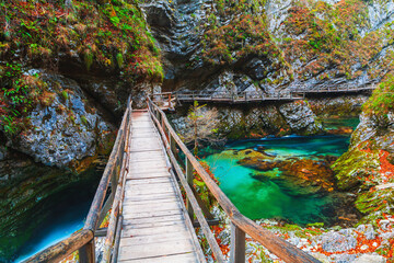 Famous and beloved Vintgar Gorge canyon with wooden path in beautiful autumn colors near Bled Lake of Triglav National Park - 411201897