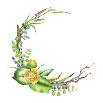 Floral realistic wreath watercolor illustration. Hand drawn half wreath from river side flowers. Yellow lily blossom, lavender, tree branch, grass spikelet round decoration. On white background.