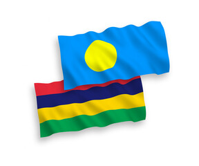 Obraz premium Flags of Palau and Republic of Mauritius on a white background