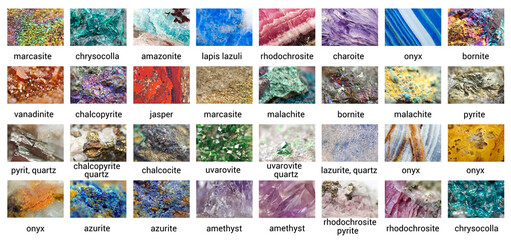 Collection of minerals. Beautiful surface of stones. Isolated over white background ( rhodochrosite,  charoite, lapis lazuli, amazonite,   chrysocolla, marcasite, onyx, bornite, vanadinite, jasper)