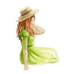 Elegant sitting woman figure watercolor illustration. Relaxed white girl with red hair and hat. Happy caucasian woman side posing element. Young person portrait looking side on white background.