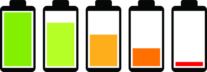 vector with set of batteries. flat illustration of batteries. gradation of used batteries. maximum battery capacity and minimum. batteries with different levels of use