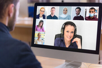 Online remote school class concept. Mixed race college student distance learning using computer conferencing. Learning from home during quarantine and coronavirus outbreak.