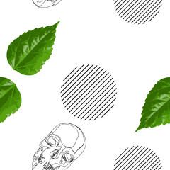 Seamless pattern of green leaves and skull. Tropical leaves . Vector background. Color trends.