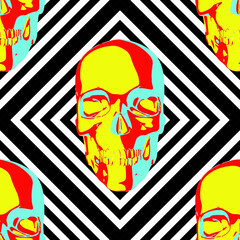 Terrible frightening seamless pattern with skull in cartoon style.Vector