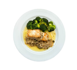 Fish steak with broccoli on white background