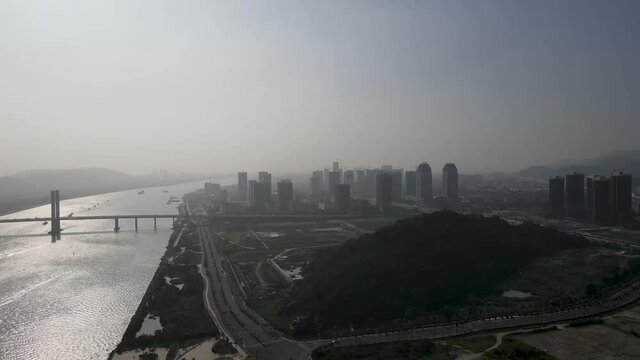 Aerial photography of Zhuhai coastline scenery and modern architecture skyline