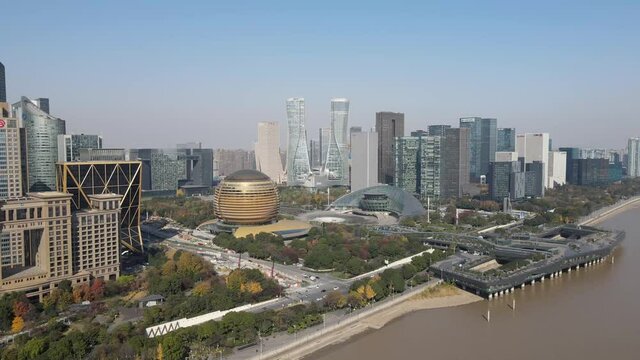 Aerial photography of cdb high-rise buildings by the Qiantang River in Hangzhou, Zhejiang