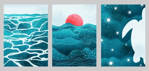 Fotobehang Creative aesthetic posters in Japanese vintage style. A4 vertical illustrations. Set of three backgrounds with watercolor texture and traditional pattern, thin lines, sea, sun, waves, turtle. © Nataly