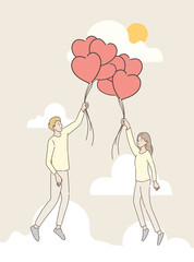 Couple holding a heart shaped balloon flying through the clouds. Love and Valentine's day concept. Hand draw style. Vector illustration.