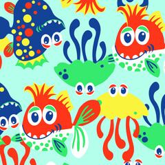 Fototapeta na wymiar Cute fish vector seamless pattern. Beautiful design elements, perfect for nursery.