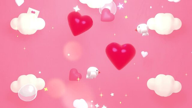 Looped cartoon love mail delivery bird flying in the pink sky animation. Happy Valentine's Day.