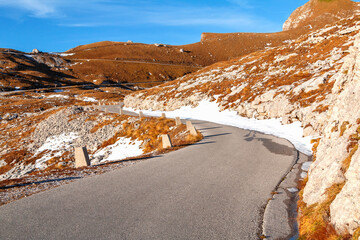 Beautiful view of the Mangart mountains at sunset, in the background from the beautiful peak