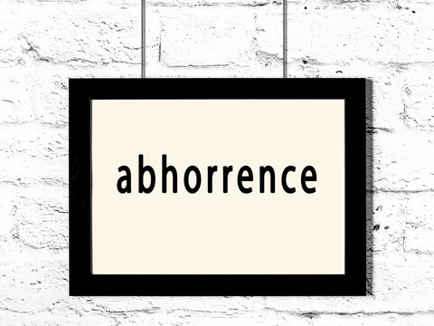 Black frame hanging on white brick wall with inscription abhorrence