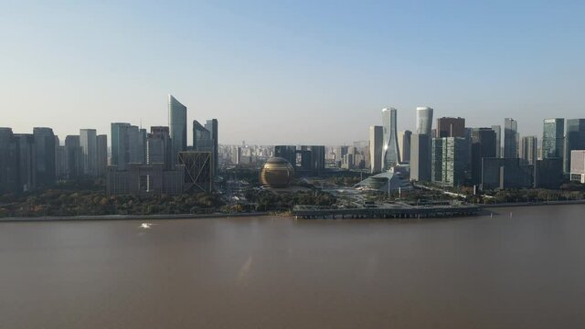 Aerial photography of cdb high-rise buildings by the Qiantang River in Hangzhou, Zhejiang