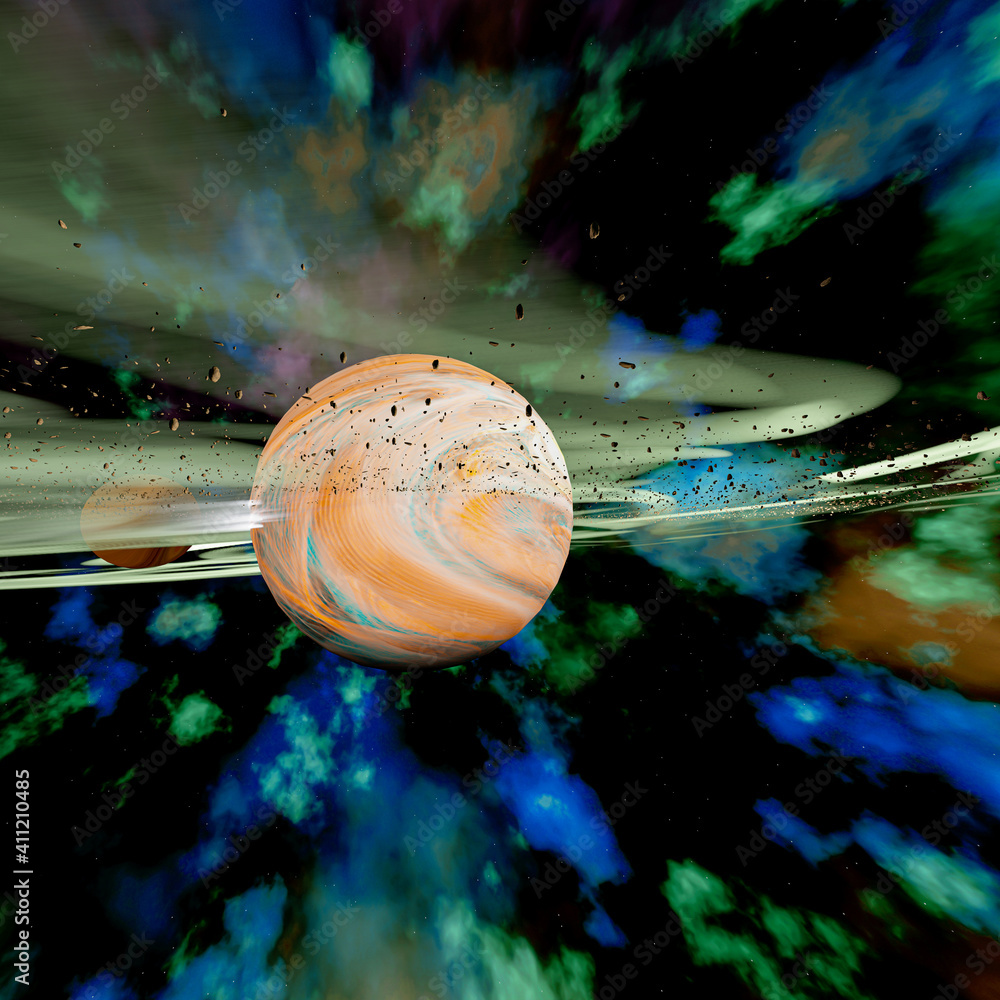 Sticker a planet with a tail of cosmic dust in outer space.