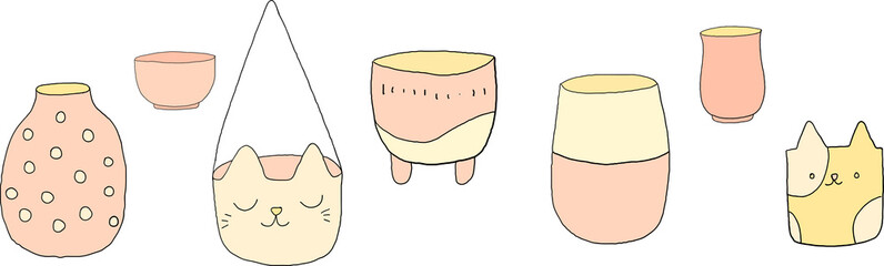 cute hand drawn flowerpots set isolated on white background