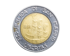 five hundred san marino lira coin on a white isolated background