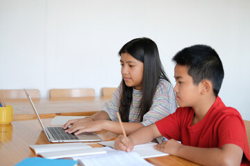 boy girl student studying learning lesson online. remote meeting distance education at home