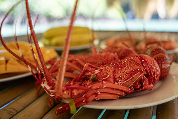 Selective focus shot of delicious lobsters on a plate