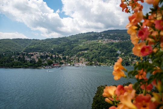 landscape with lake and mountains, Beautiful Baveno, famous tourist center and resort in Lago Maggiore, northern Italy
