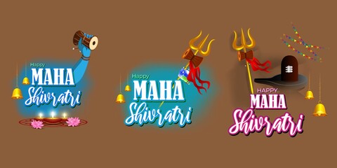 Vector illustration of Maha Shivratri stickers with bells and God Shiva, Hindu festival Shivratri clip art