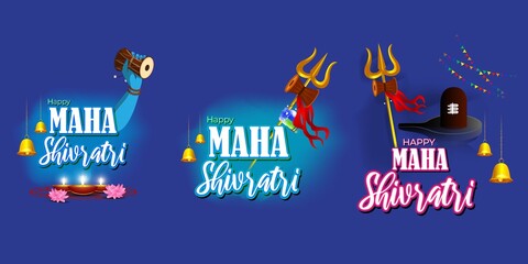 Fototapeta na wymiar Vector illustration of Maha Shivratri stickers with bells and God Shiva, Hindu festival Shivratri clip art