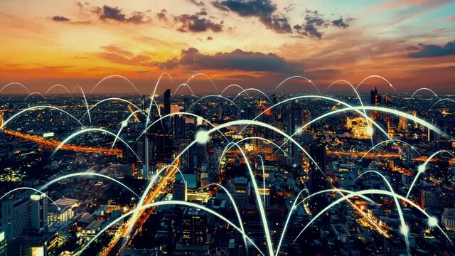 Smart digital city with globalization abstract graphic showing connection network . Concept of future 5G smart wireless digital city and social media networking systems .