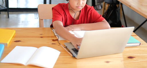boy student studying learning lesson online. remote meeting distance education at home