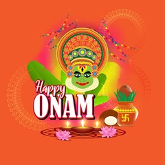 vector illustration of greeting for south Indian festival Onam with kathakali face.