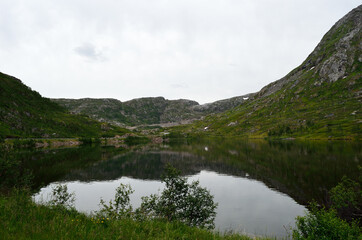 reflective mountain lake surface in summer