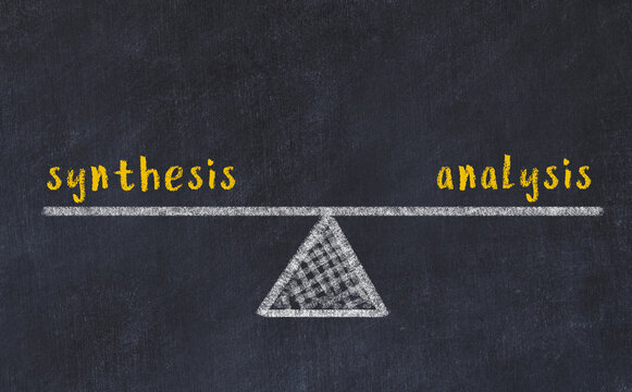 Concept of balance between synthesis and analysis. Chalk scales and words on it