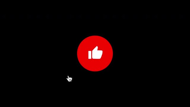 Animated hand cursor clicks on the thumbs up round icon. Thumb up. Loop animation in alpha channel.