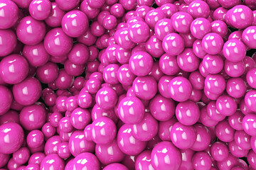 Abstract background with dynamic 3d spheres. Plastic soft pink bubbles. 3D illustration of glossy balls. Bouncing particles. Modern trendy banner or poster design
