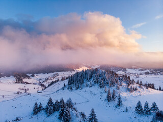 Rolling Clouds At Dense Spruce Coniferous Forest On Snowy White Hill Slope In Winter During Sunset. - Aerial Drone Shot. A forest Densely Covered With Fresh Snow