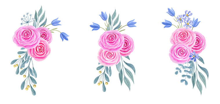 Hand drawn watercolor painting clipart with pink roses and bluebell flowers bouquet isolated on white background. Spring floral ornament set.