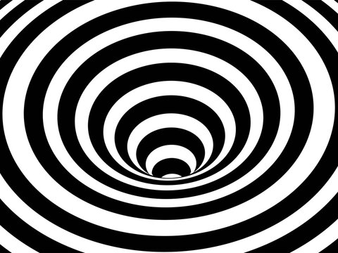 Striped crater on white background. Black stripes on modern circular geometric shape design vector illustration. Graphic optical illusion vortex effect