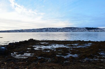 tromsoe city island in northern Norway on a blue cold winter day
