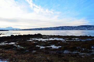 tromsoe city island in northern Norway on a blue cold winter day