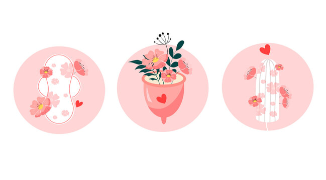 vector hand drawn illustration - female hygiene items for menstruation period - panty liner, menstrual cup and tampon. trandy flat illustration for websites, applications, magazines